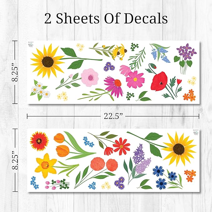 Wildflower Wall Decals - Set of 33 Vinyl Flower Room Decor Peel and Stick Removable Floral Stickers for Nursery Bedroom Bathroom