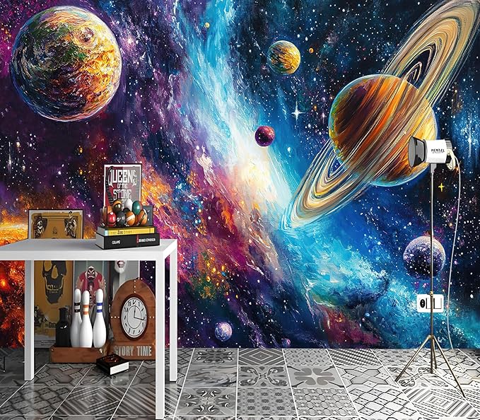 XMPMBM-Starry Sky Abstraction Art Graffiti Wallpaper Colorful Planets Nursery Room Boys Bedroom Bathroom Wall Mural- W 88" X H 59"（36 Square Foot）
