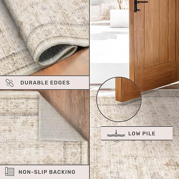 2x6 Long Beige Farmhouse Kitchen Runner Rug Washable Non Slip Carpet for Bathroom, Entryway, Soft Low Pile Floral Vintage Rugs for Bedroom, Bedside, Hallway