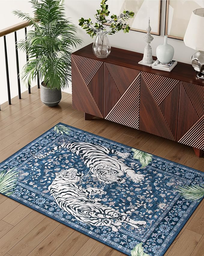 Moynesa Tiger Machine Washable Rug, 3x5 Entry Area Rug Non Slip Vintage Soft Rug for Living Room, Ultra Thin Boho Stain Resistant Kitchen Throw Mat for Entrance Bedside, Blue