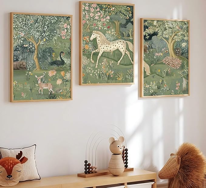 Vintage Woodland Animal Nursery Wall Art Magic Horse Bear Deer Poster Green Fantasy Forest Botanical Pictures Decor Fairy Tale Nature Painting Canvas Print Artwork for Kids Room Living Room, Unframed