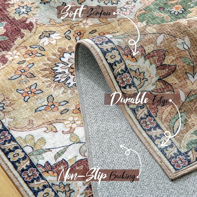 Area Rugs 5x7 Rug for Bedroom, Clearance Washable Area Rug, Non-Slip Lightweight Low Pile Rug for Living Room Dining Room Nursery Room,Multi/Green