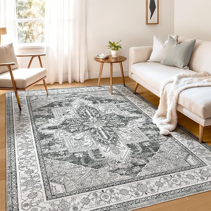 WITSHOCK Living Room Area Rugs 6x9: Washable Rug Boho Soft Non-Slip Low Pile Stain Resistant Foldable Carpet for Bedroom Playroom Dining Room Office Kitchen Farmhouse Home Decor Rug-Gray