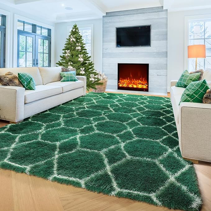 ONASAR Area Rugs for Living Room Bedroom, 5x8 Washable Fluffy Dark Green and White Rug, Geometric Boho Soft Plush Shaggy Fuzzy Floor Carpet for Nursery Kids Girls Boys Teen Dorm Home Decor Aesthetic