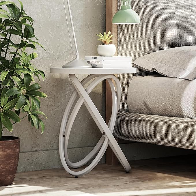 COZAYH Round End Table Farmhouse Wood Side Table Rustic Plant Stand with Intertwined Line Design for Living Room, Office, White