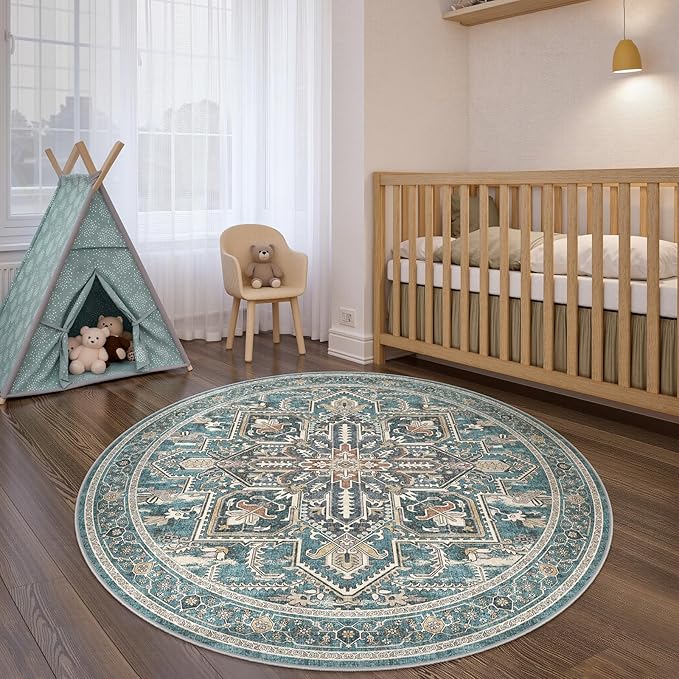 WITSHOCK 6Ft Teal Round Washable Area Rugs - Vintage Boho Distressed Oriental Farmhouse - Non Slip Low Pile Circle Carpet for Living Room Bedroom Kitchen Dining Room, Foldable Soft Pet Friendly Rug