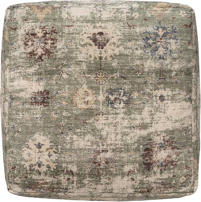 LR Home Grace Vintage Floral Sage Green Square Indoor Medium Pouf Ottoman | Power-Loomed Polyester Pouf Foot Rest for Bedroom & Living Room Decor | 18 x 18 x 18 Stuffed Ottoman for Seating