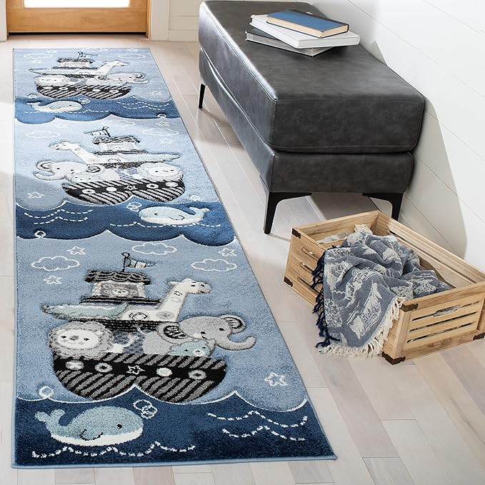 SAFAVIEH Carousel Kids Collection Runner Rug - 2' x 8', Blue & Grey, Animal Design, Non-Shedding & Easy Care, Ideal for High Traffic Areas for Boys & Girls in Playroom, Nursery, Bedroom (CRK121B)