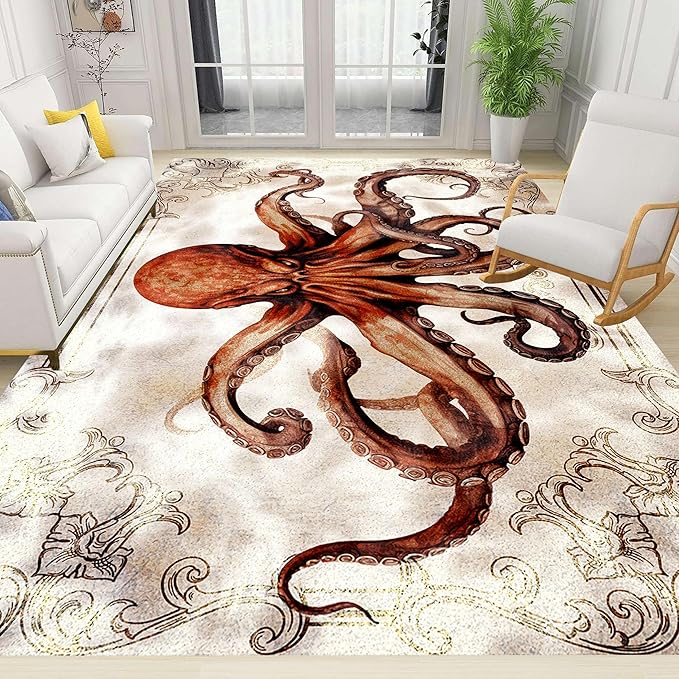 Octopus Area Rugs, 4x6ft, Vintage Ocean Octopus Print Indoor Throw Rug, Fade Resistant Durable No Crease Carpet, Rubber Backed Anti-Slip Printed Carpets for Bedside Dining Table