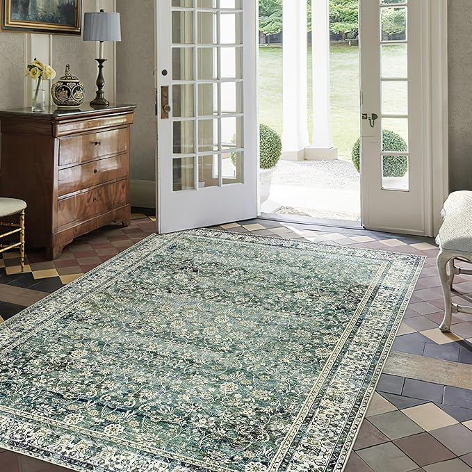 Dark Green Boho Front Door Mat for Indoor Entrance Washable Non Slip Cute Vintage Floral Aesthetic Area Rugs for Entryway Entry 4x6