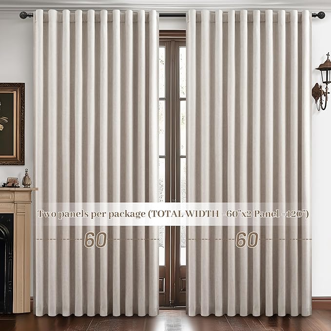 Curtains 60 Inch Length Wide Pleated Blackout Curtain for Sliding Glass Door/Living Room, Farmhouse Natural Linen Thick Boho Bedroom Heavy Insulated Large Window Drapes (60" Wx90 Lx2Panels)