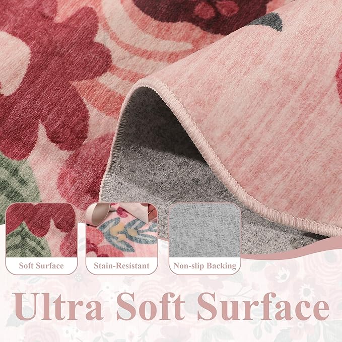 DUKINO 6x9 Area Rug, Floral Washable Rugs for Living Room with Non Slip Backing & Non-Shedding, Lightwight Low Pile Boho Design Large Carpets for Bedroom, Living Room, Dining Room, Pink