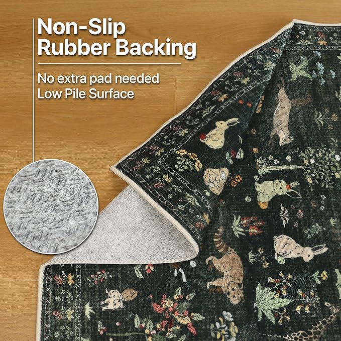 Runner Rug Non Slip 2'6''x 6', Floral Animal Print Rug Machine Washable Rug, Non Slip Low Pile Hallway Runner Carpet for Kitchen, Laundry, Bedroom, Bathroom, Dark Green
