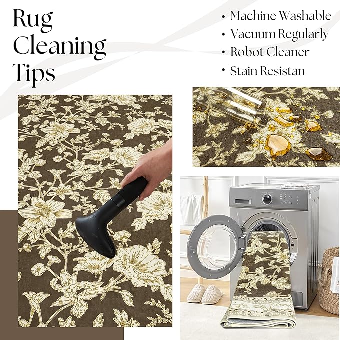 Brown Floral Print Area Rugs for Bedroom Living Room Boho Farmhouse Country Rustic Dining Room Carpet Soft Washable Rugs Non Slip Floor Covering for Nursery Playroom 3x8