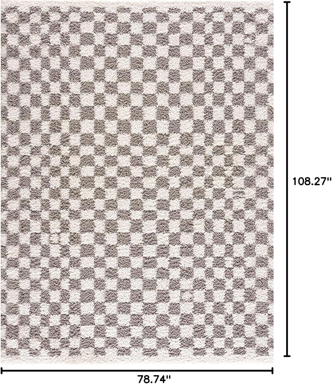Hauteloom Kieu Contemporary Checkered Fluffy Shag Area Rug - Modern Geometric Soft Carpet Tiles for Living Room, Kids Room, Nursery - Gray, Light Grey, White - 6'7" x 9'