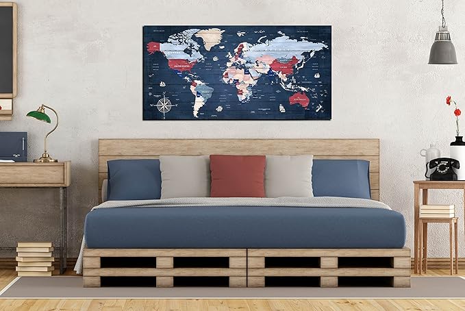 ZHAOSHOP World Map Wall-Art for Living Room - Blue Wall Decor for Teen Bedroom - Large Canvas Wall Art Stretched and Framed Ready to Hang Size 47" x 23"