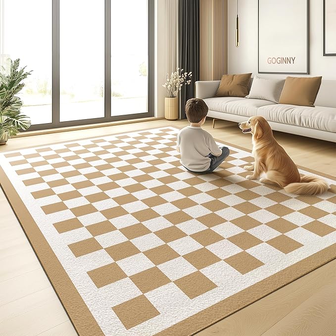 Washable 8x10 Checkered Area Rug for Living Room, Tan Brown Checkerboard Modern Boho Large Rugs, Ultra Thin Low Pile Lightweight Indoor Carpet with Non-Slip Backing for Bedroom Kids Nursery Play Room