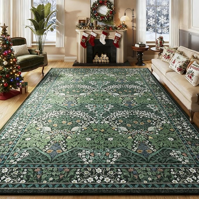 8x10 Washable Dark Green Floral Area Rug for Living Room, Non-Slip Soft Floral Print Vintage Boho Carpet, Forest Green Low Pile Rugs for Bedroom, Dining Room, Indoor Decor