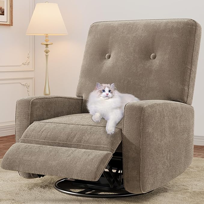 GarveeHome Recliner Chairs, Swivel Rocker Recliner, Glider Recliner Nursery Chair, 360 Swivel Glider Rocking Chair for Living Room, Bedroom, Office, RV, Small Spaces, Corduroy, Khaki