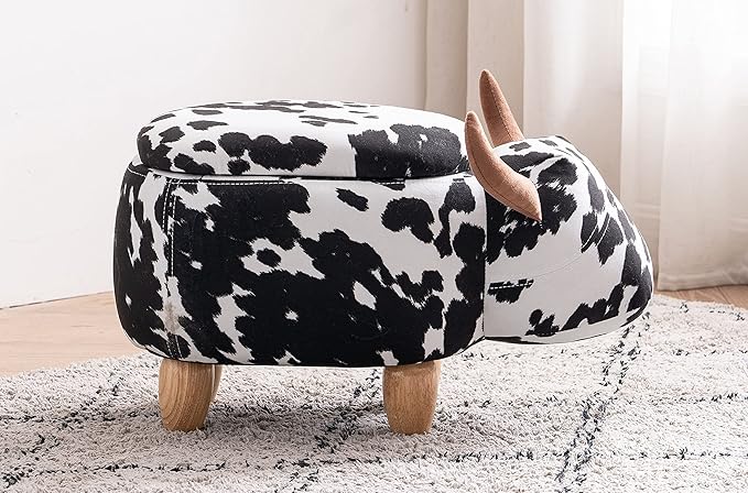 Home 2 Office Cow Ottoman for Kids' Bedroom, Playroom, Nursery, and Living Room, Animal Ottoman with Storage, Footstool for Kids, Black/White