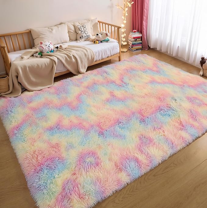 Fluffy 4x6 Area Rugs for Girls Bedoom, Rainbow Soft Washable Shag Carpet for Kids Room, Nursery, Dorm Decor, Colorful Cute Plush Fuzzy Rugs for Baby Toddler
