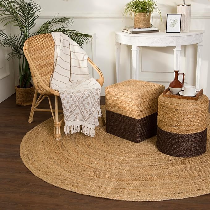REDEARTH · Cube Pouf Foot Stool Ottoman - Jute Braided Pouffe Poof Accent Sitting Footrest for The Living Room, Bedroom, Nursery, Patio, Lounge & Other Rooms (14.5”X14.5”X16”; Natural Acorn)