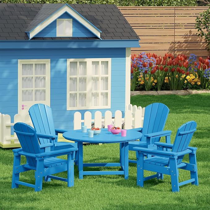 Costaelm Paradise Kids 5-Piece HDPE Outdoor Patio Round Dining Table and Chairs Set, Pacific Blue