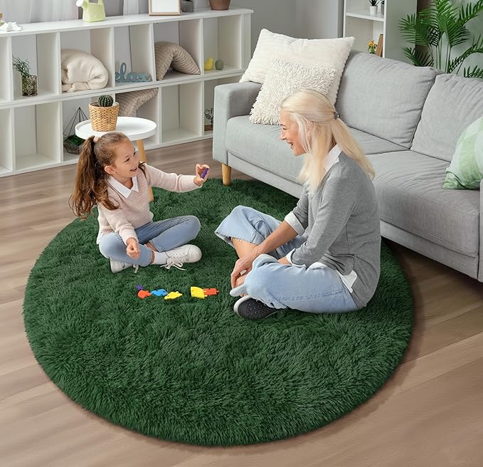 EVOIONOS Green Round Rug for Bedroom, 4x4 Ft Fluffy Soft Circle Area Rugs for Living Room, Plush Shaggy Circular Carpet for Indoor Floor Bedside Kids Nursery, Machine-Washable Home Decor Aesthetic
