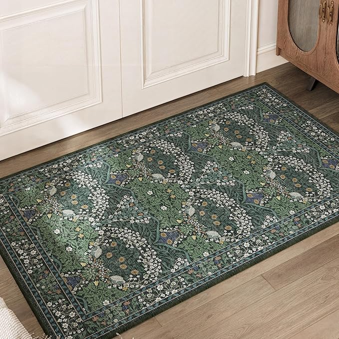 3x5 Washable Dark Green Floral Area Rug for Living Room, Non-Slip Soft Floral Print Vintage Boho Carpet, Forest Green Low Pile Rugs for Bedroom, Dining Room, Indoor Decor