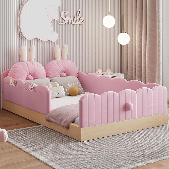 Twin Size Upholstered Platform Bed with Safety Guardrail and Cute Rabbit Ear Shaped Pillows, Velvet Fabric Montessori Kids Floor Bed with Pocket and Sturdy Slats Support (Pink-9.25)