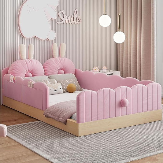 Twin Size Upholstered Platform Bed with Safety Guardrail and Cute Rabbit Ear Shaped Pillows, Velvet Fabric Montessori Kids Floor Bed with Pocket and Sturdy Slats Support (Pink-9.25)