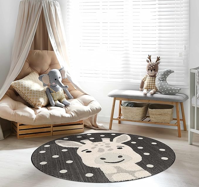 Hauteloom Kids Room, Nursery Round Area Rug - Outdoor Patio Safe - Animal Baby Giraffe Playroom Carpet - Beige, Gray, Black, Cream - 7'10"