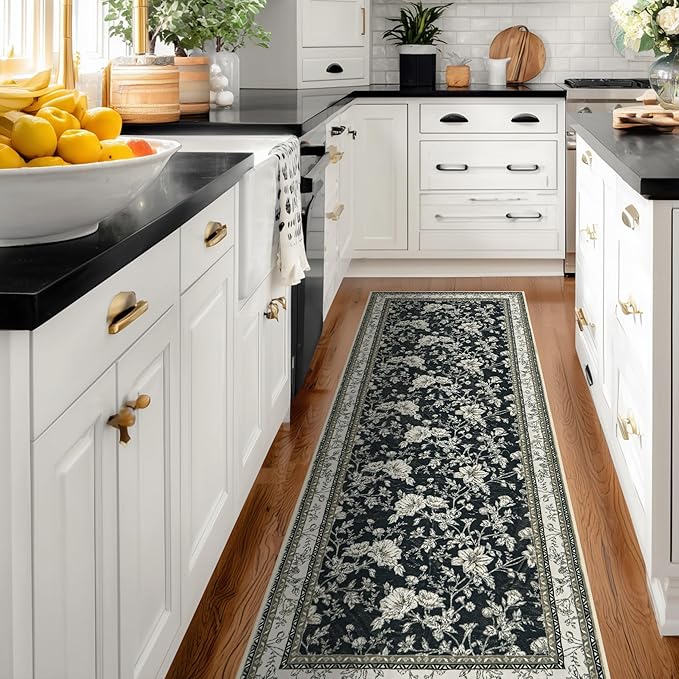 Black Boho Washable 3x8 Extra Long Hallway Runner Rug, Extra Large Kitchen Floor Rug Indoor Entryway, Non-Slip Low Pile Machine Washable, Vintage Farmhouse Cream Beige Taupe Pattern Floral Design