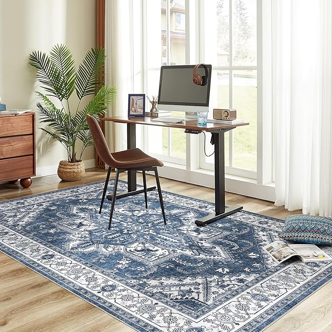 WITSHOCK Living Room Area Rugs 6x9: Washable Rug Boho Soft Non-Slip Low Pile Stain Resistant Foldable Carpet for Bedroom Playroom Dining Room Office Kitchen Farmhouse Home Decor Rug-Blue