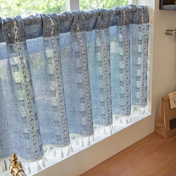 Deeprove Boho Valance Kitchen Short Curtain, Textured Striped Drape Semi Sheer Privacy Tier Embroidered Chic Window Treatment for Cafe Restaurant Closet, W52 x L18 inch Single 1 Panel Denim Blue