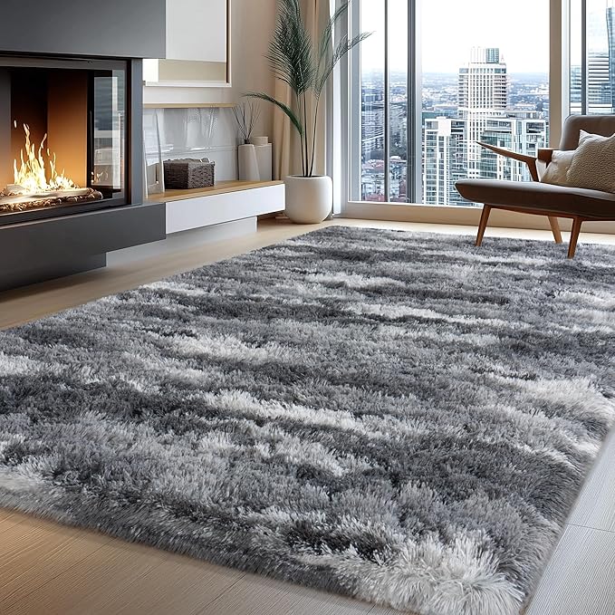 Fluffy Rugs for Bedroom Living Room, 4x6 Feet Abstract Grey Shag Area Rugs, Non-Slip Indoor Modern Fuzzy Plush Floor Carpet for Dorm Nursery Kids Room Decor, Soft Shaggy Throw Rug