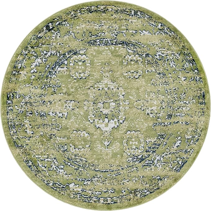 Rugs.com Charleston Collection Rug – 5 Ft Round Green Low-Pile Rug Perfect for Kitchens, Dining Rooms