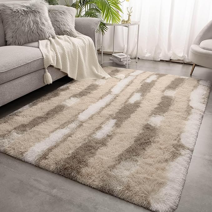 Meralax Area Rugs for Living Room Bedroom, Machine Washable 4x6 Feet Soft Fluffy Shaggy Bedside Rug, Beige and White Indoor Floor Carpet for Kids Boys, Dorms, Nursery Rooms, Home Decor Aesthetic