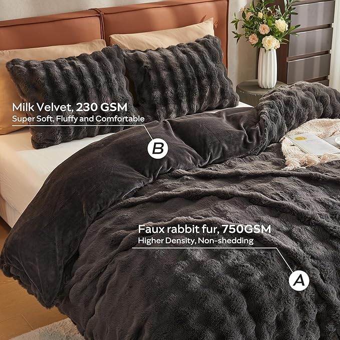 JELLYMONI Plush Duvet Cover Set - Twin Size Dark Gray Faux Fur Comforter Cover 2pcs Bedding Set Luxury Ultra Soft Striped Fluffy Duvet Cover with Zipper and 1 Pillowcase (NO Comforter)