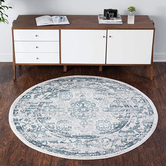 Rugs.com Charleston Collection Rug – 5 Ft Round Ivory Low-Pile Rug Perfect for Kitchens, Dining Rooms