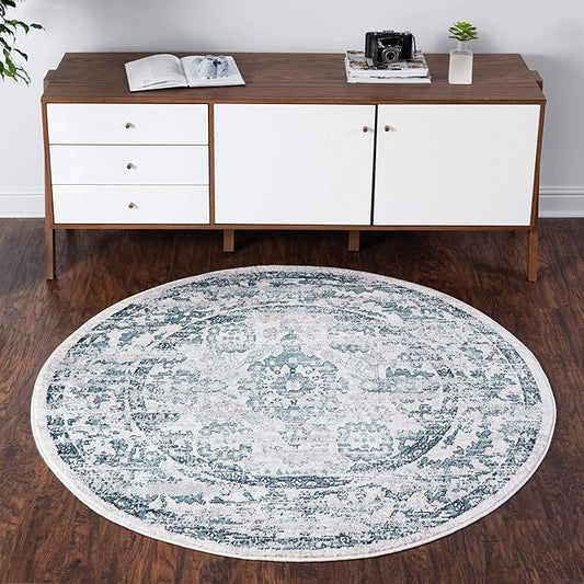 Rugs.com Charleston Collection Rug – 5 Ft Round Ivory Low-Pile Rug Perfect for Kitchens, Dining Rooms