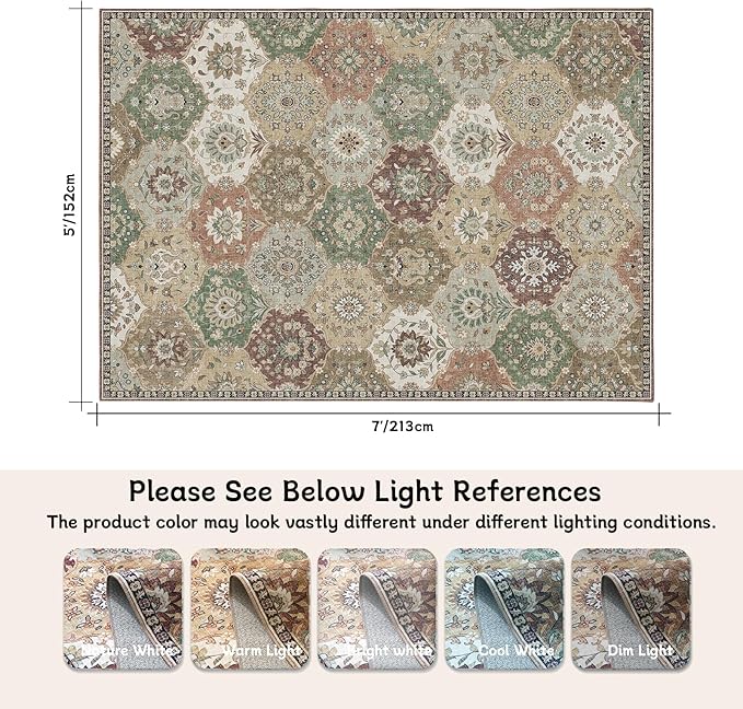 Area Rugs 5x7 Rug for Bedroom, Clearance Washable Area Rug, Non-Slip Lightweight Low Pile Rug for Living Room Dining Room Nursery Room,Multi/Green