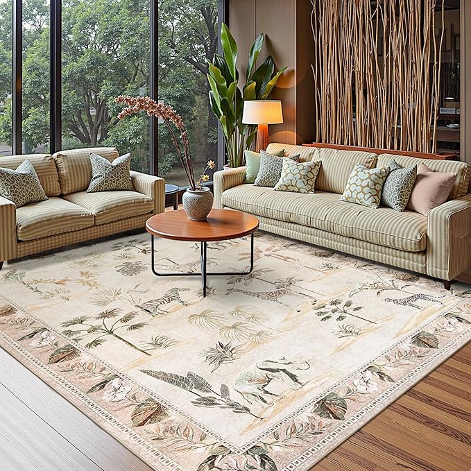 jinchan Jungle 8x10 Beige Animals Print Living Room Rug, Machine Washable Soft Ultra-Thin Non-Slip Area Rug, Throw Carpet for Bedroom Kids Playroom Dining Room Courtyard (8'x10', Beige)