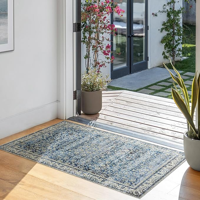 Blue Kitchen Rugs Small Entryway Door Mat Non Slip Washable Boho Vintage Area Rug 2x3