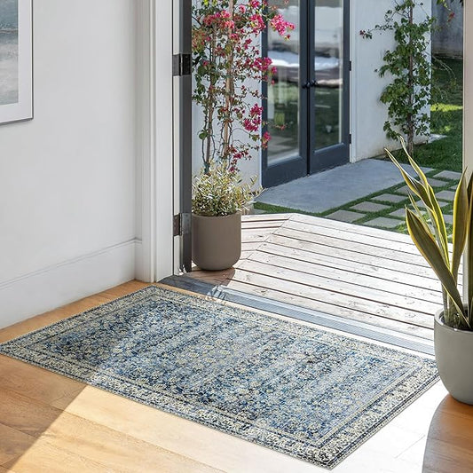 Blue Kitchen Rugs Small Entryway Door Mat Non Slip Washable Boho Vintage Area Rug 2x3