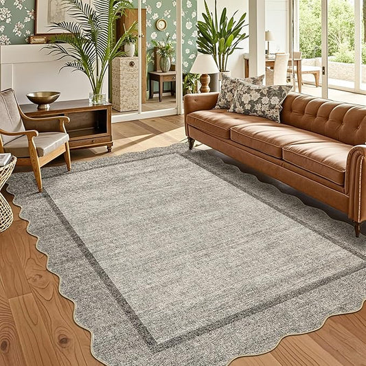 GarveeHome Scalloped Washable Area Rug 4x6 Small Entryway Rug Non Slip Modern Soft Accent Rugs for Bedroom Nursery Low Pile Stain Resistant Carpet for Office, 4 ft x6 ft