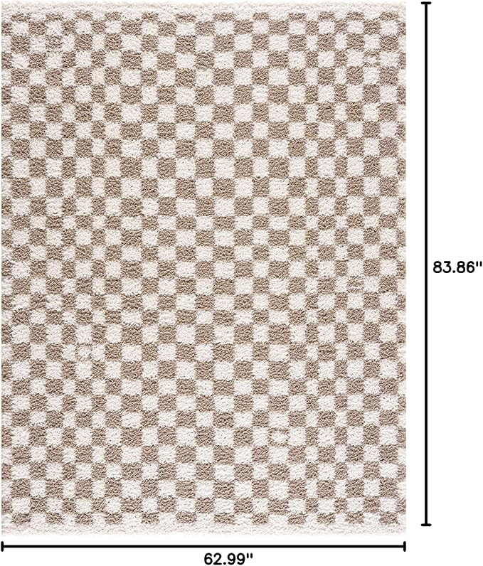 BoutiqueRugs Kieu Modern Checkered Shag Rug - High Pile Fluffy Shag Carpet for Hallway, Nursery, Playroom, Girls Boys Room - Light Gray, Taupe, Cloud Gray - 5'3" x 7' (5x7)