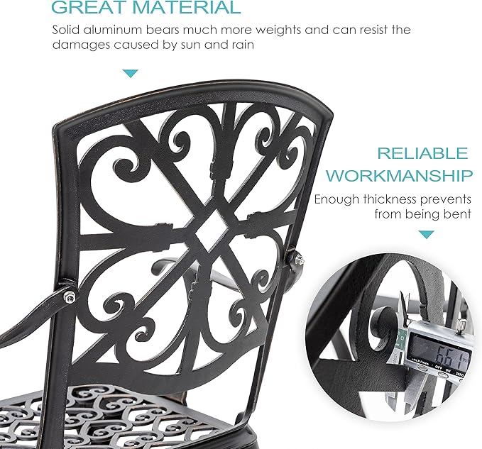 NUU GARDEN 3 Piece Outdoor Bistro Set Cast Aluminum Patio Set Bistro Table Set Rustproof Patio Table and Chairs with Umbrella Hole for Backyard, Balcony, Front Porch, Black