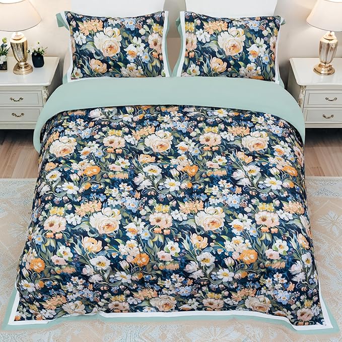 MAGRACE Vintage Botanical Duvet Cover Set King Size– 3PC Washed Fiber Bedding Set with Corner Ties & Zipper – Dark Green Background with Yellow Floral Pattern – Farmhouse Garden Style
