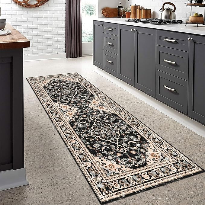 Vhong Washable Area Rugs Boho Runners Vintage Modern Neutral Carpet Black and Brown 2×6 High Traffic Rugs for Kitchen Hallway Living Room Non Slip